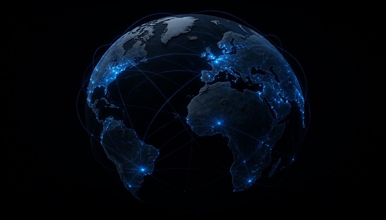 Dark globe with glowing network connections between continents